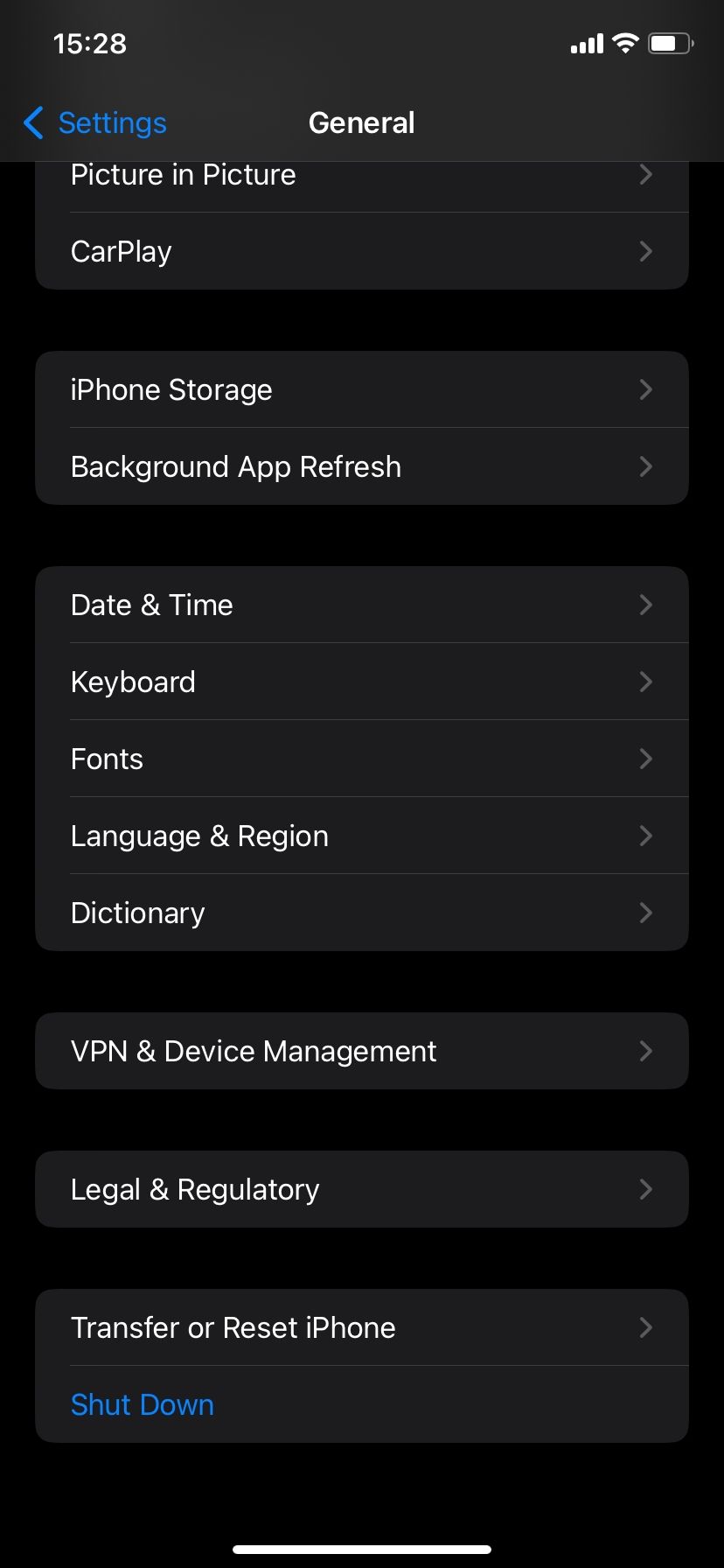 General Settings page on iOS