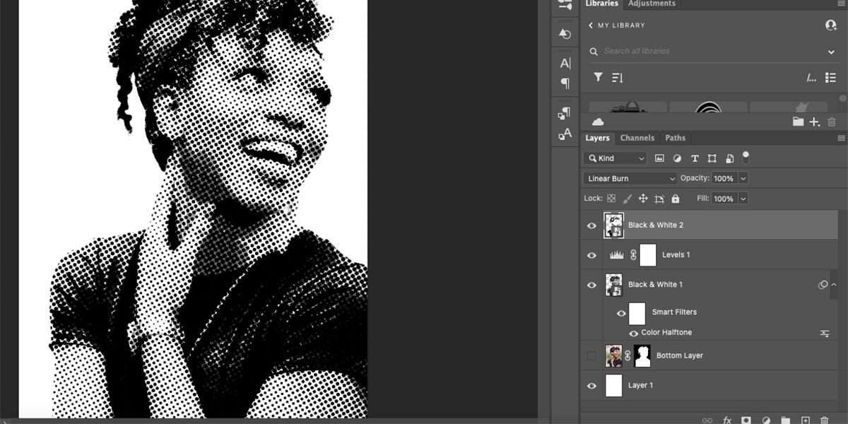 Photoshop artboard with halftone portrait an high contrast overlay.