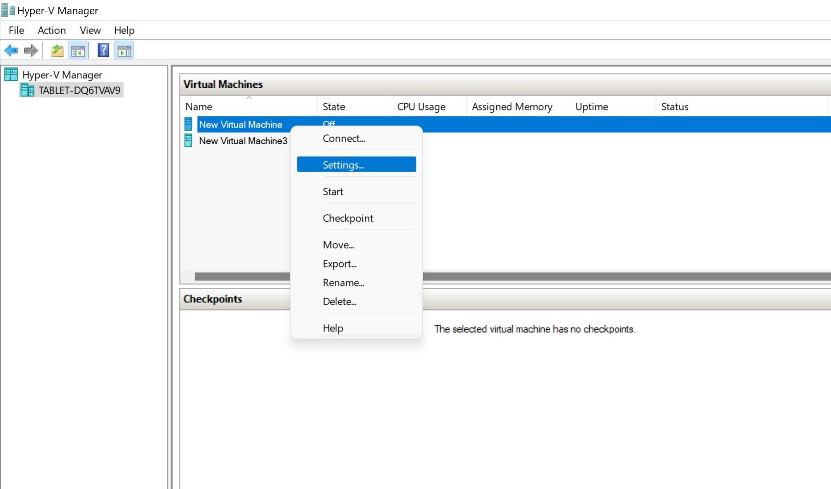 Opening Virtual Machine's Settings in Hyper-V Manager in Windows