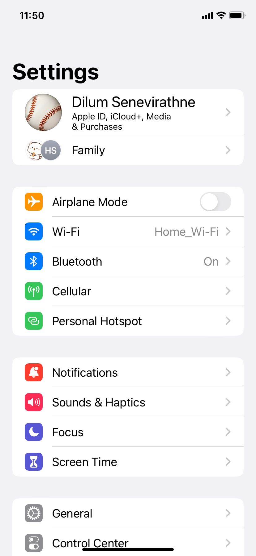 Main settings screen on iPhone.