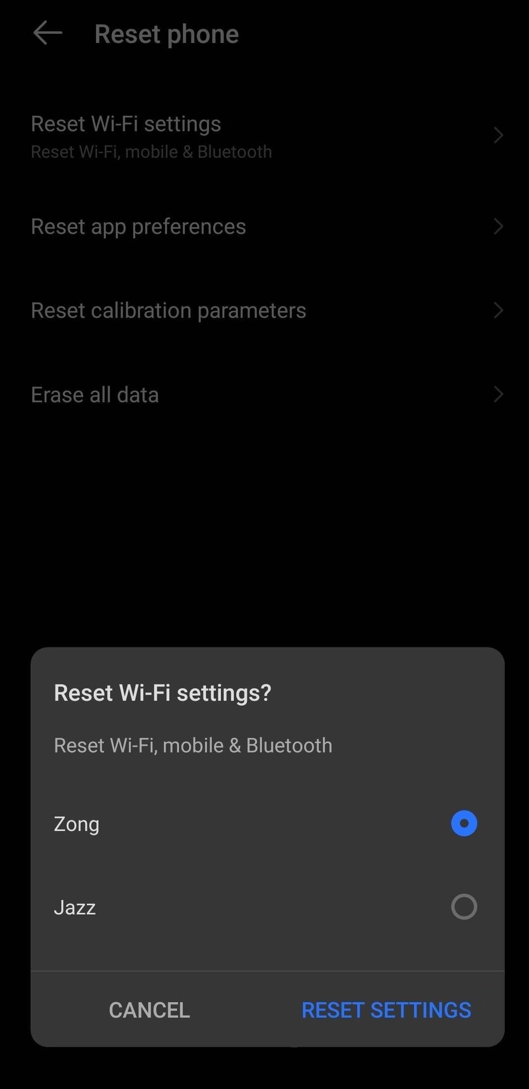 Bluetooth reset menu showing sim selection and reset settings option