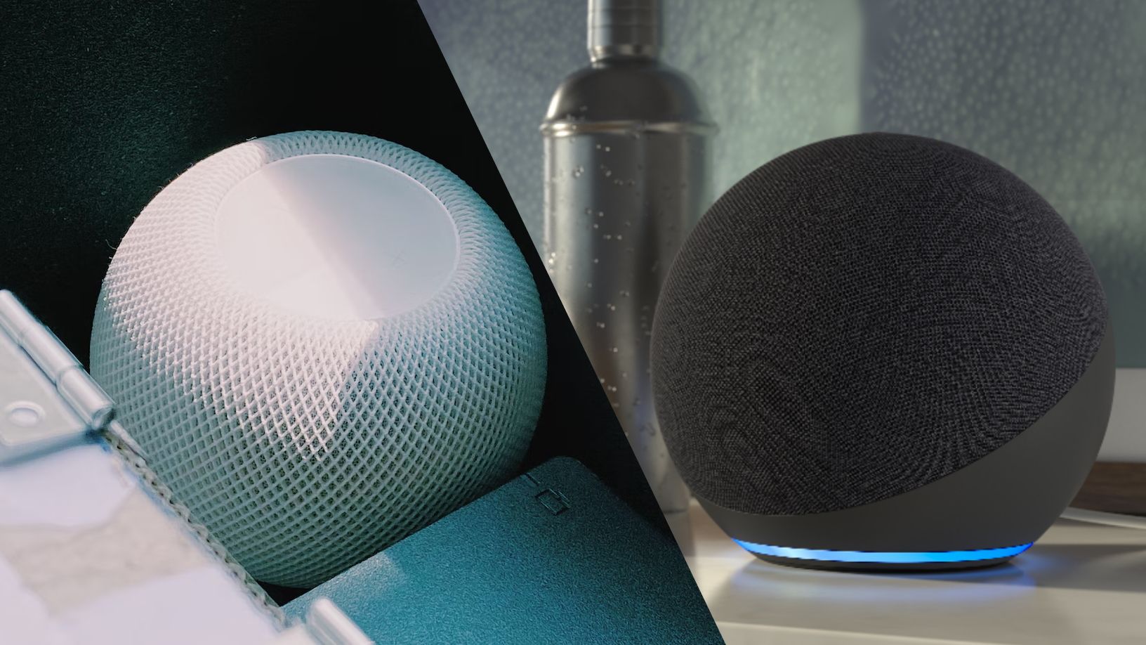 A HomePod mini and Amazon Echo side-by-side