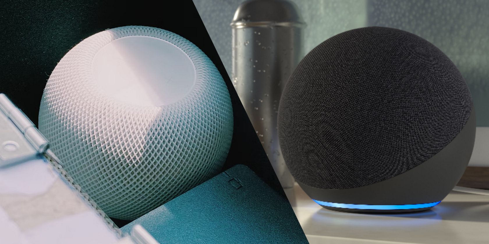An Apple HomePod mini side-by-side with an Amazon Echo