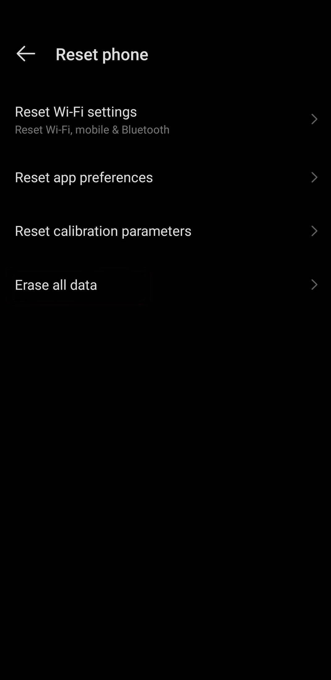 The reset phone menu shows Erase all data and other options