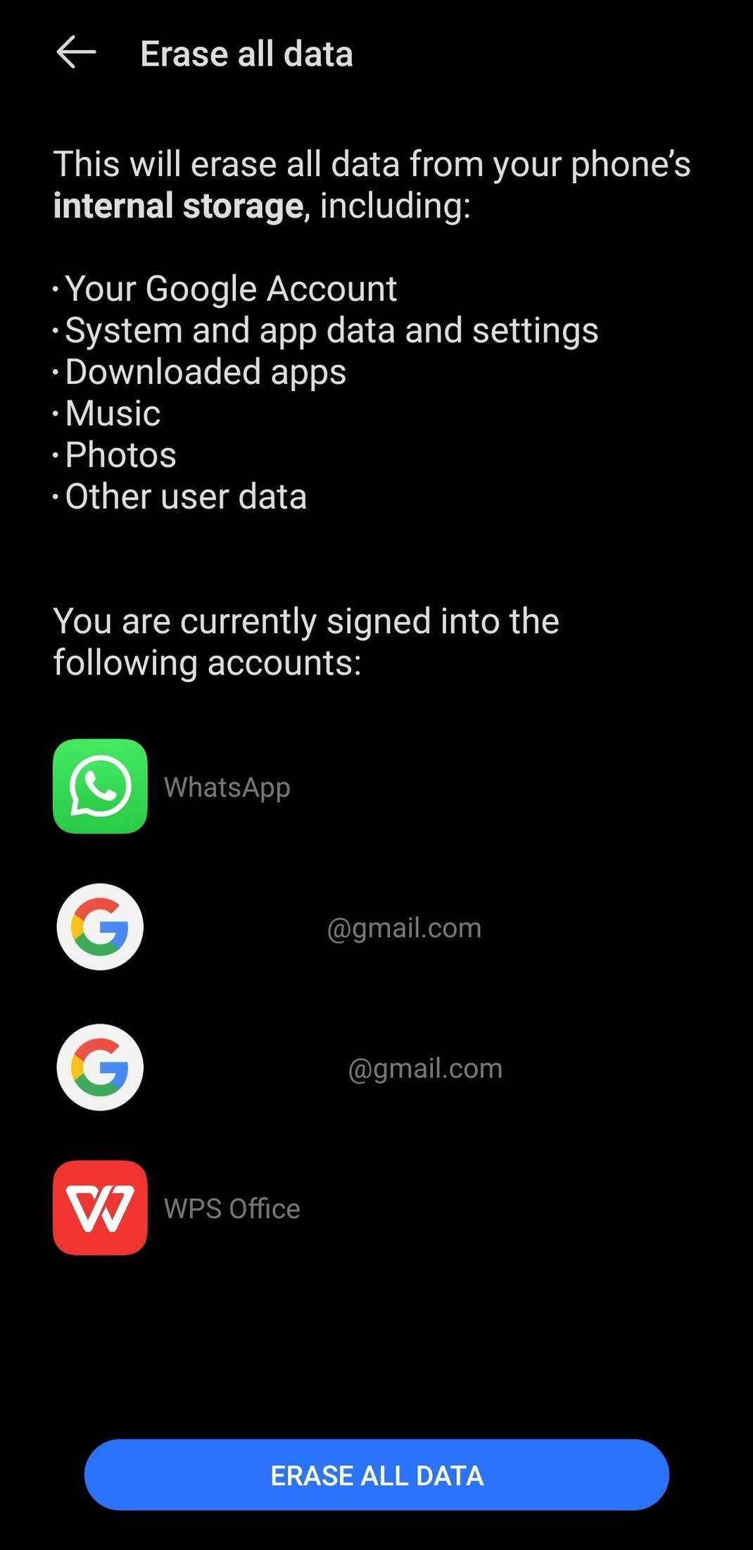 The system asks for confirmation to delete WhatsApp, Gmail, and all other data