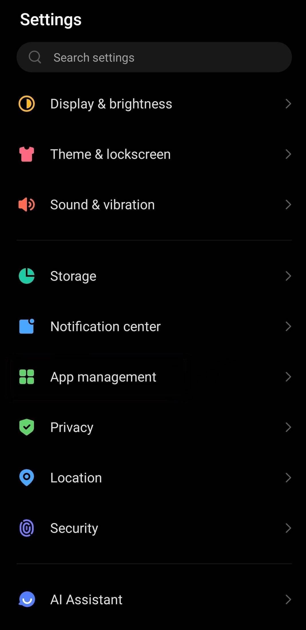 Settings menu showing app management and other options