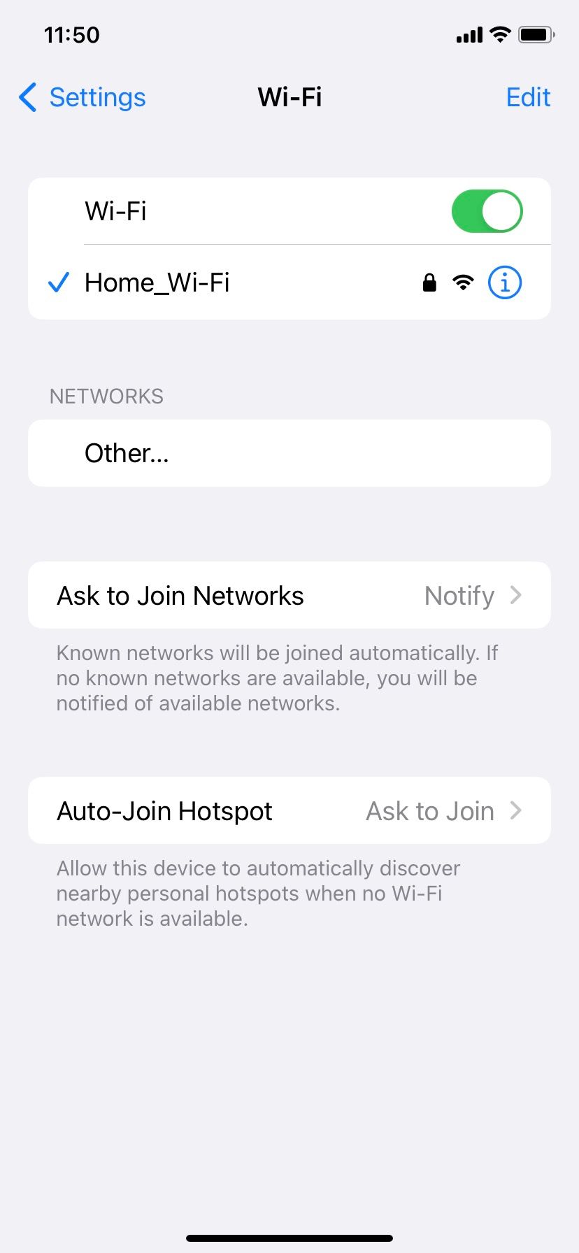 A list of Wi-Fi networks on iPhone.