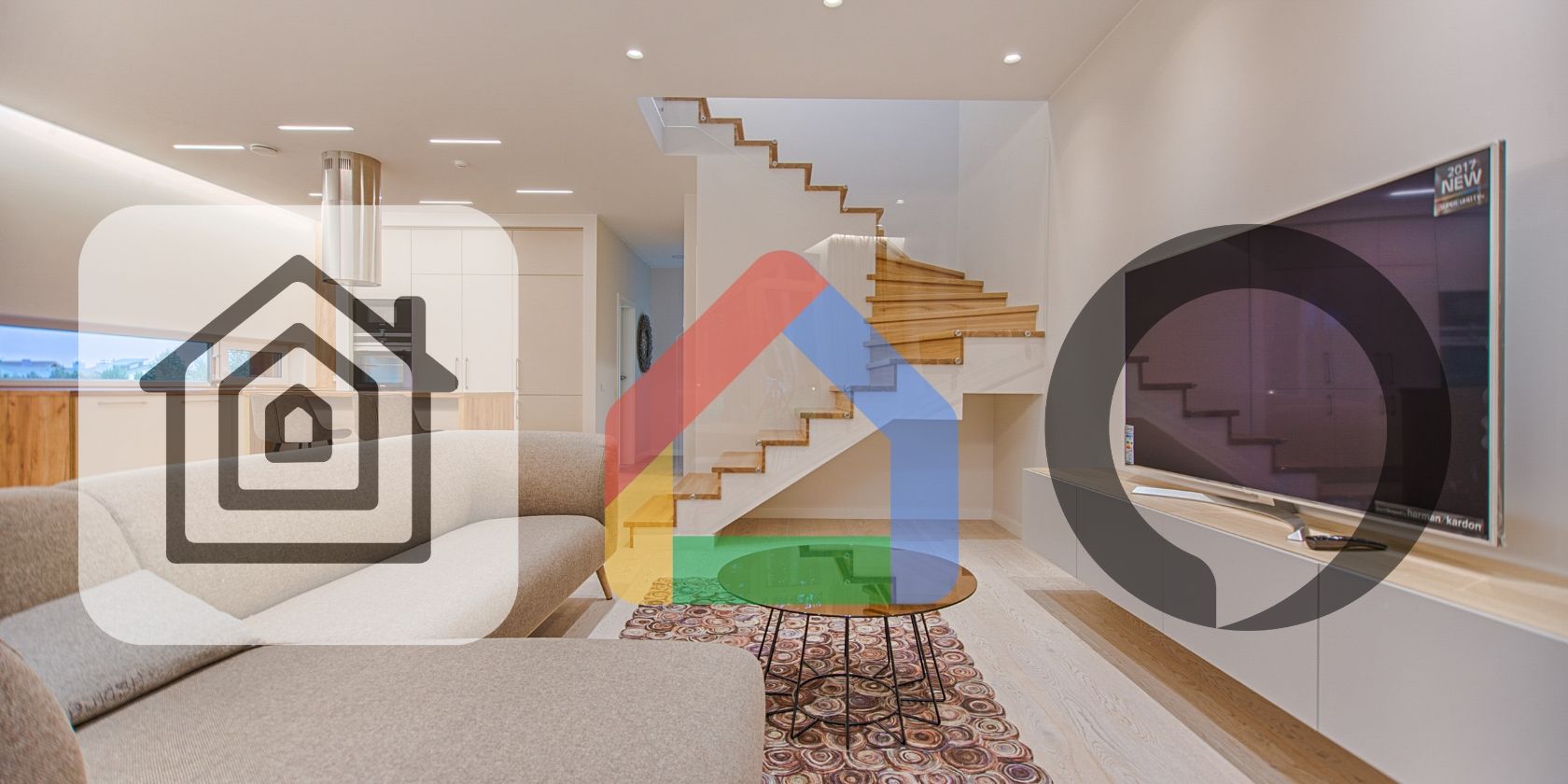 Apple HomeKit, Google Home, and Amazon Alexa logos against a home backdrop