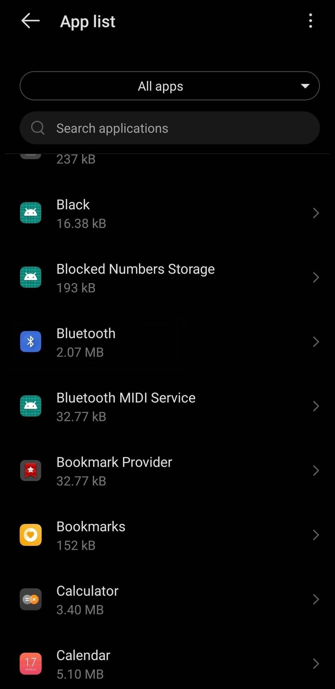 The app list menu showing Bluetooth and other apps