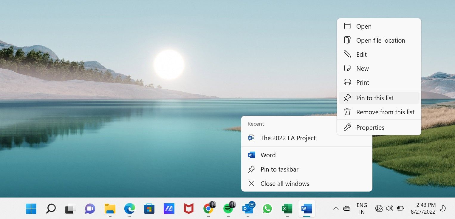 Right Click Recent File and Select Pin to Taskbar