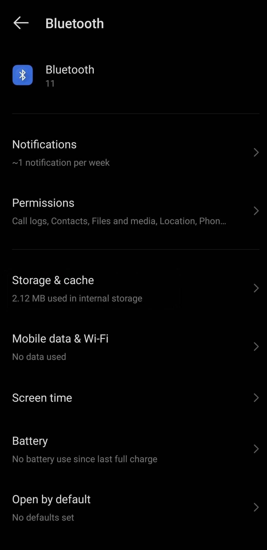 Bluetooth menu shows Bluetooth cache and storage option