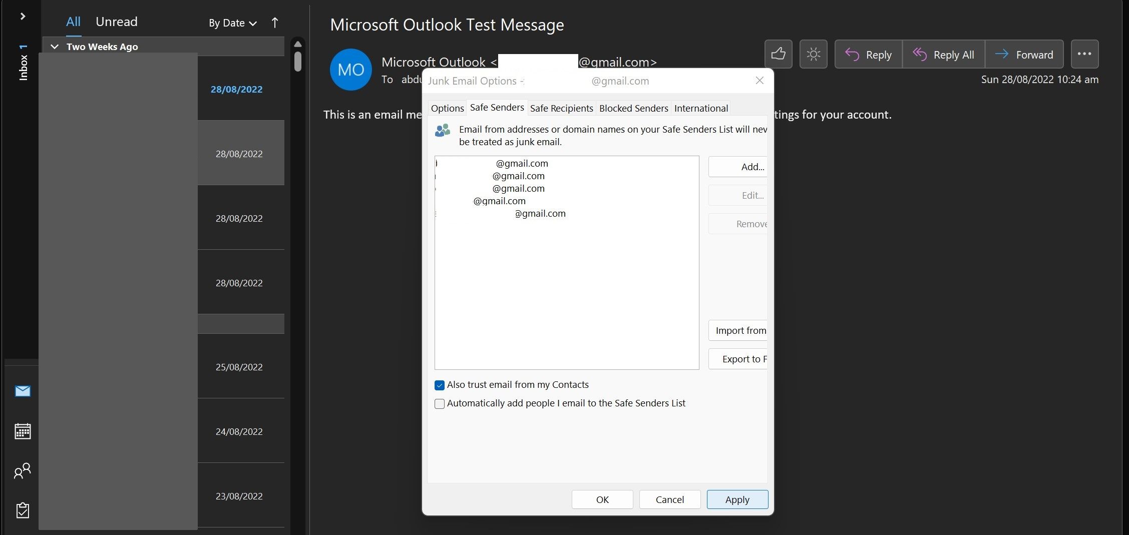 Clicking on Apply and Ok Button after Adding the Emails to Whitelist from the Imported File in Outlook