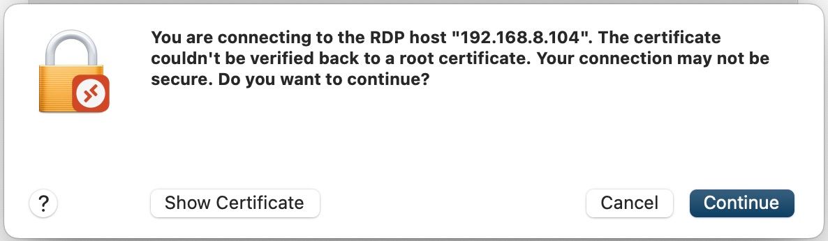 RDP security dialog in Microsoft Remote Desktop.