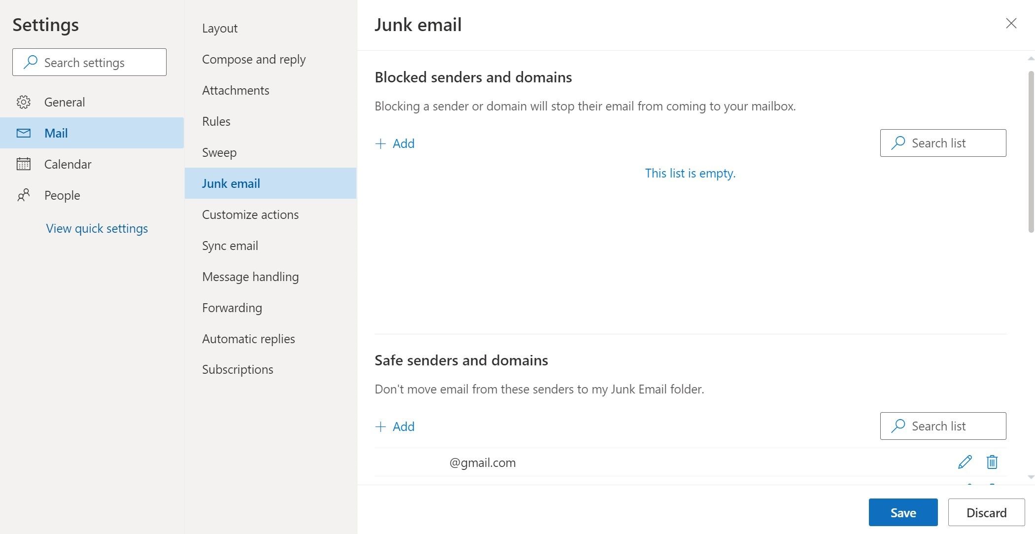 Entering the Email or Domain to Whitelist Under Safe Senders and Domains in Outlook Web Client