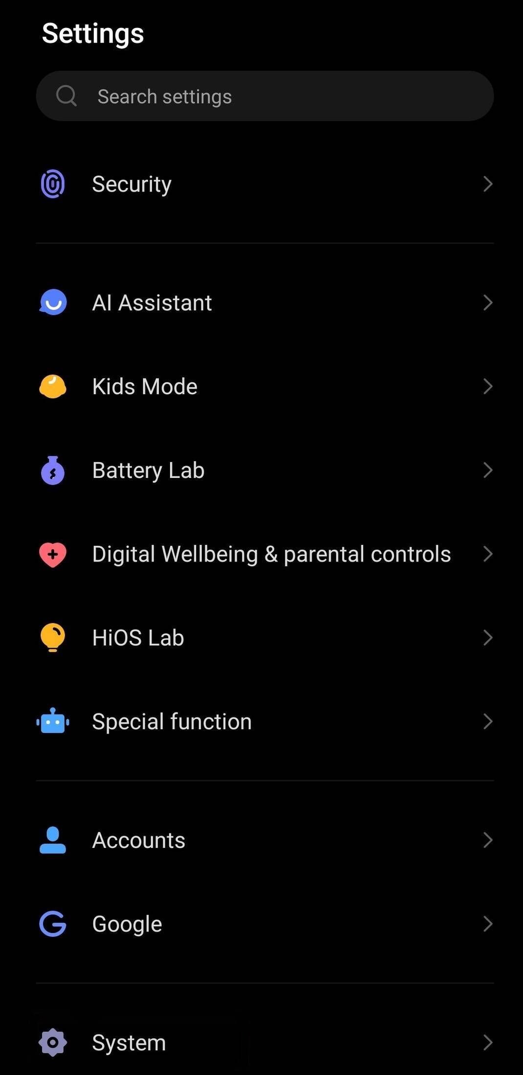 Settings menu showing System and other options