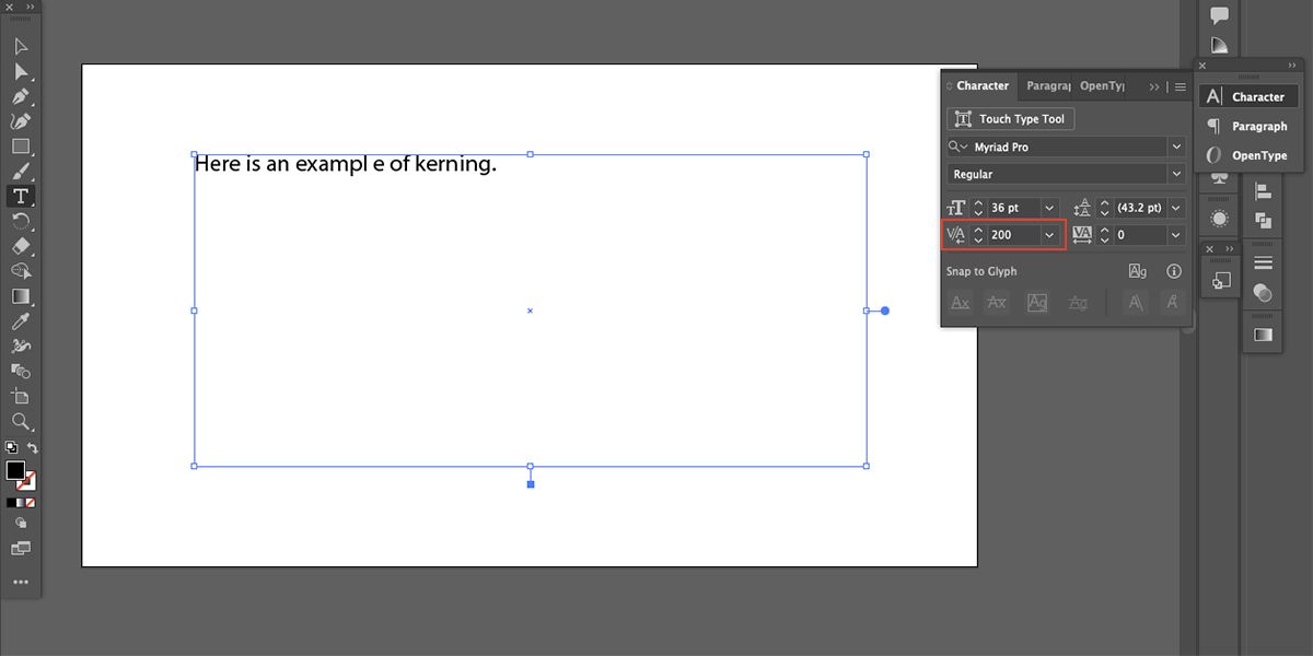 Text kerning example in Adobe Illustrator.