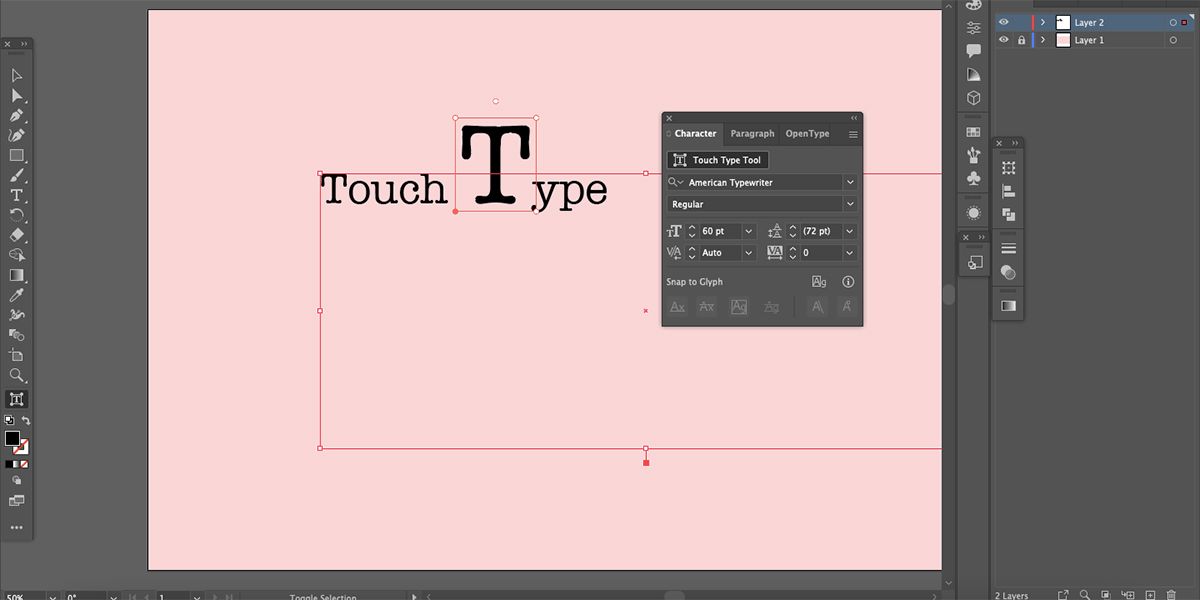 Adobe Illustrator canvas with Touch Type Tool being used.