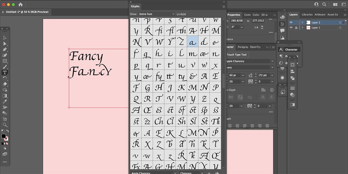 Adobe Illustrator font glyphs menu.