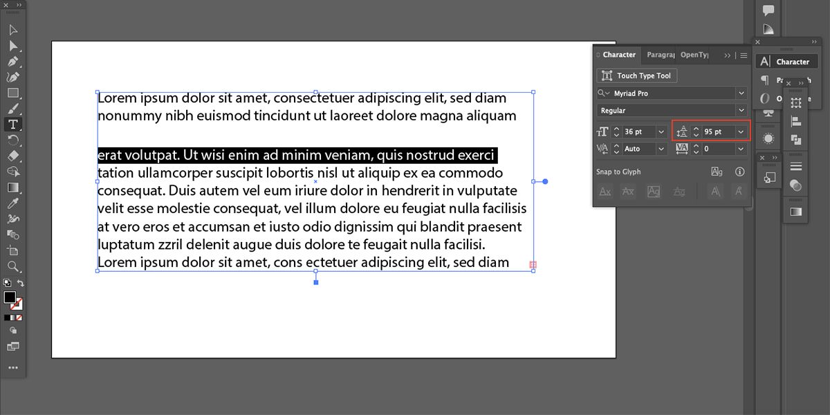 Text leading example in Illustrator.