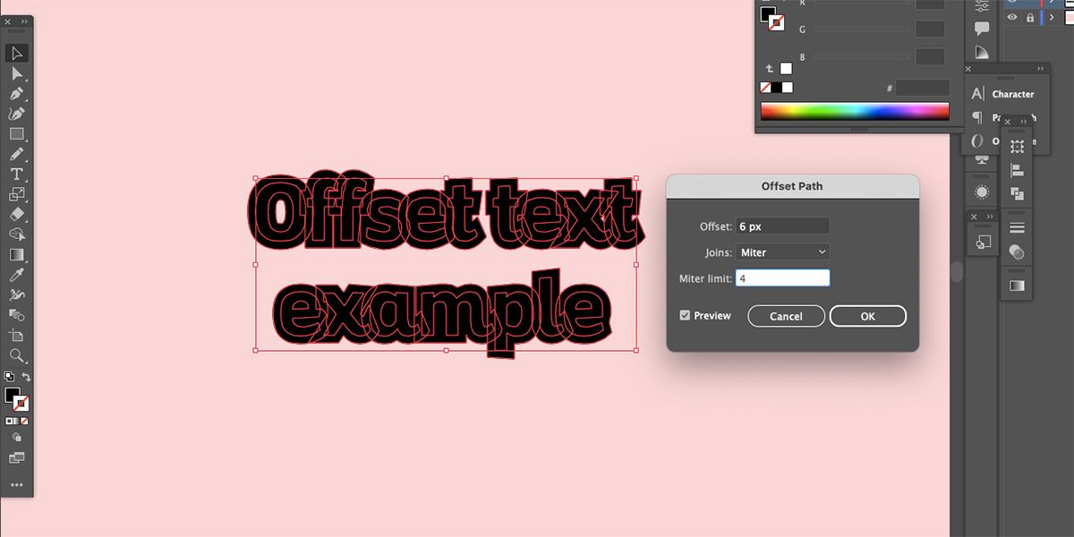 Adobe Illustrator canvas with offset text reading "Offset text example"