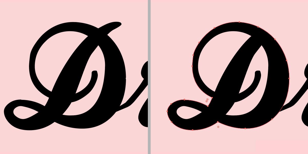 Black cursive letter "D" with small section removed. Comparison image.