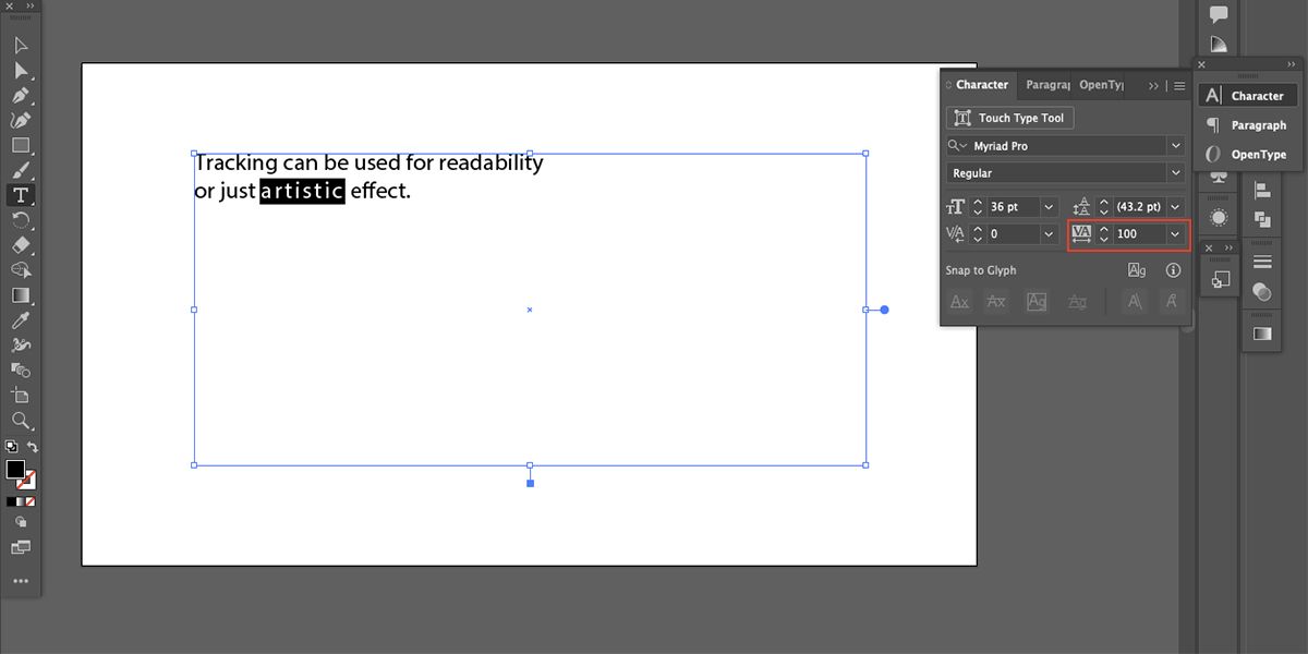 Text tracking example in Adobe Illustrator.