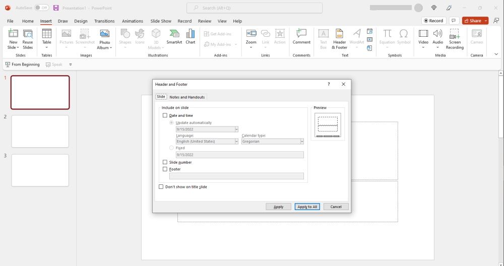 Dialog box to add slide number in PowerPoint