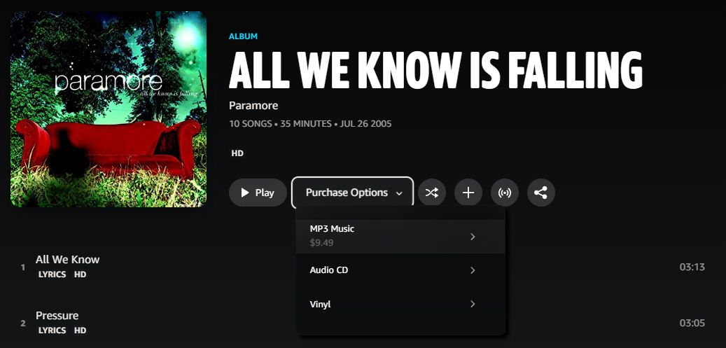 Amazon Music Access Streaming Copy of Paramore Album