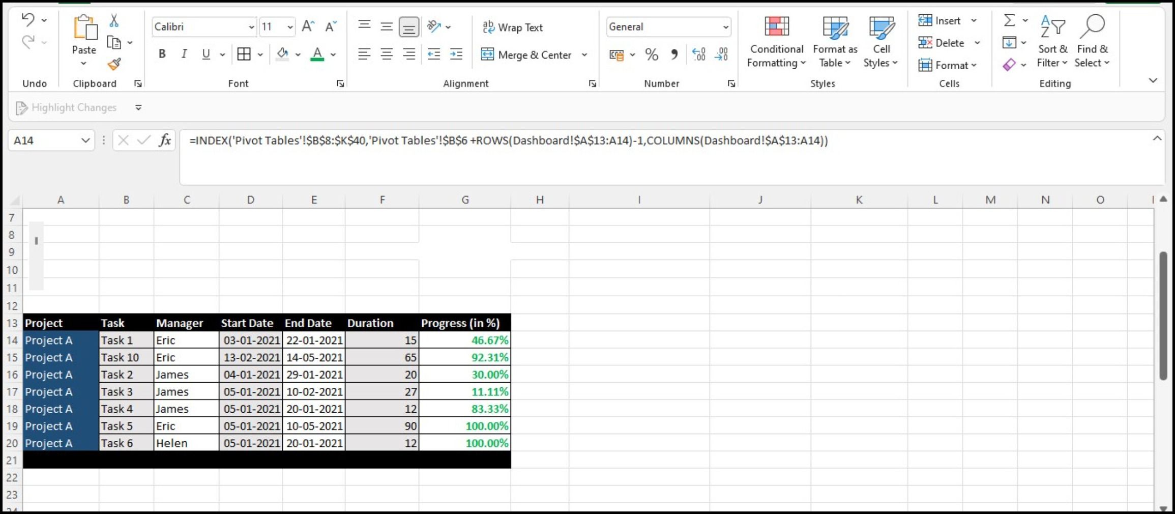 Project overview tab in Excel