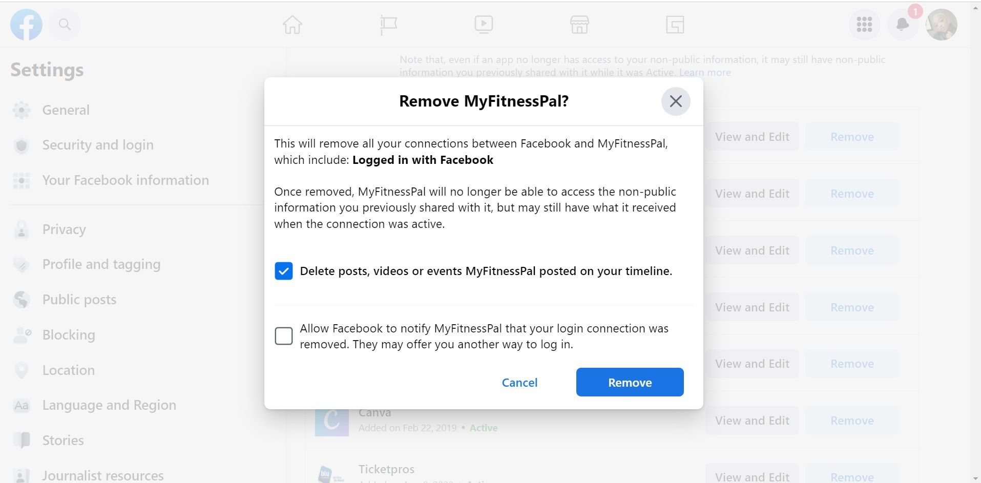 Removing an app connection on Facebook