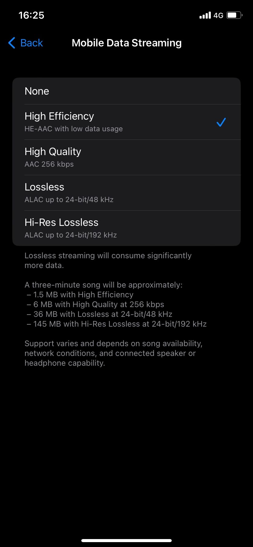 Audio Quality options on Apple Music