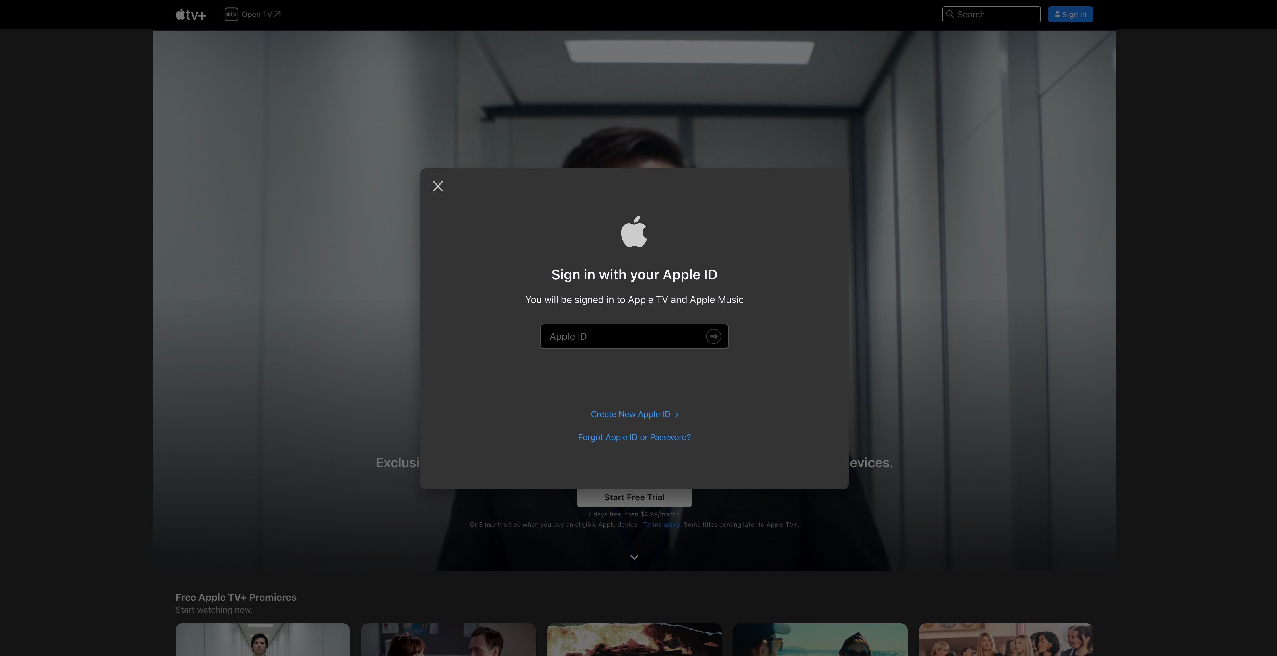 Apple TV+ App Sign In on Web browser with Apple Logo