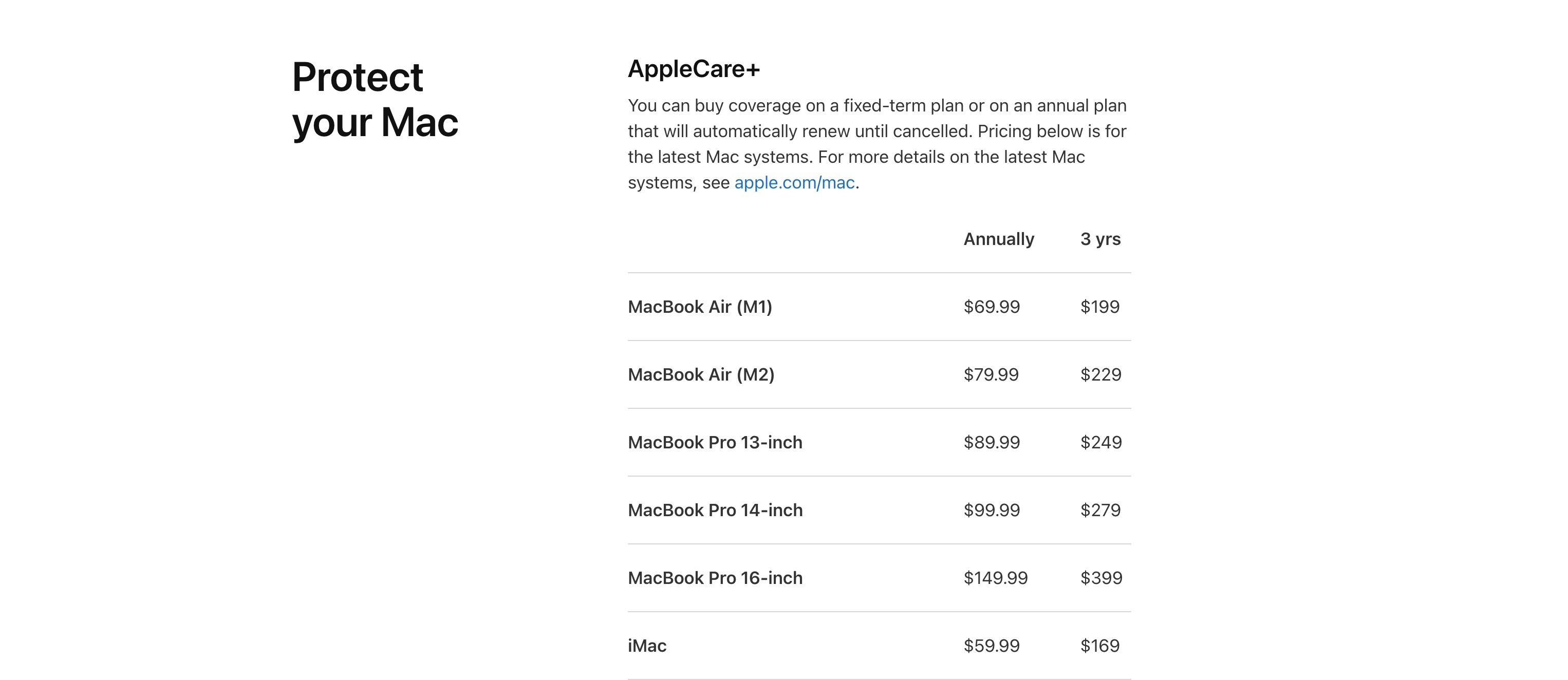 AppleCare+ Mac Pricing on Apple's Website