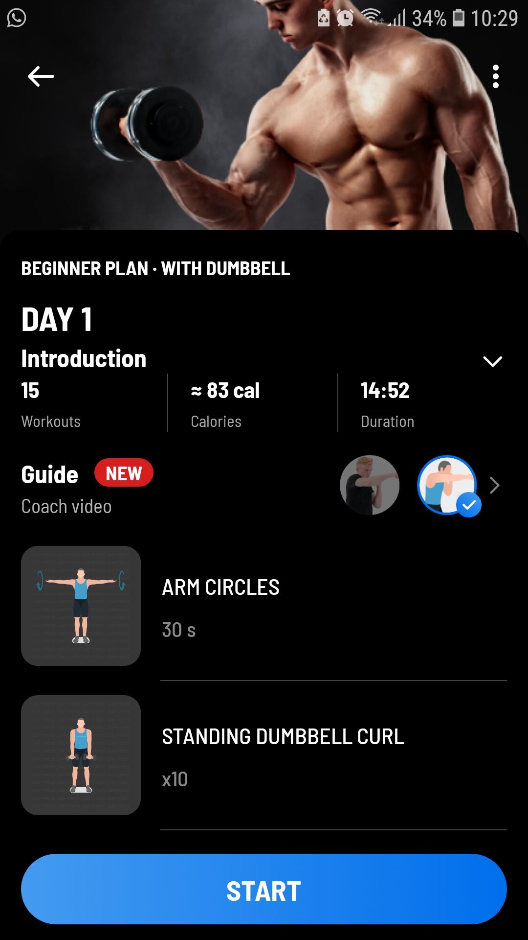 Arm Workout mobile fitness app dumbbell program