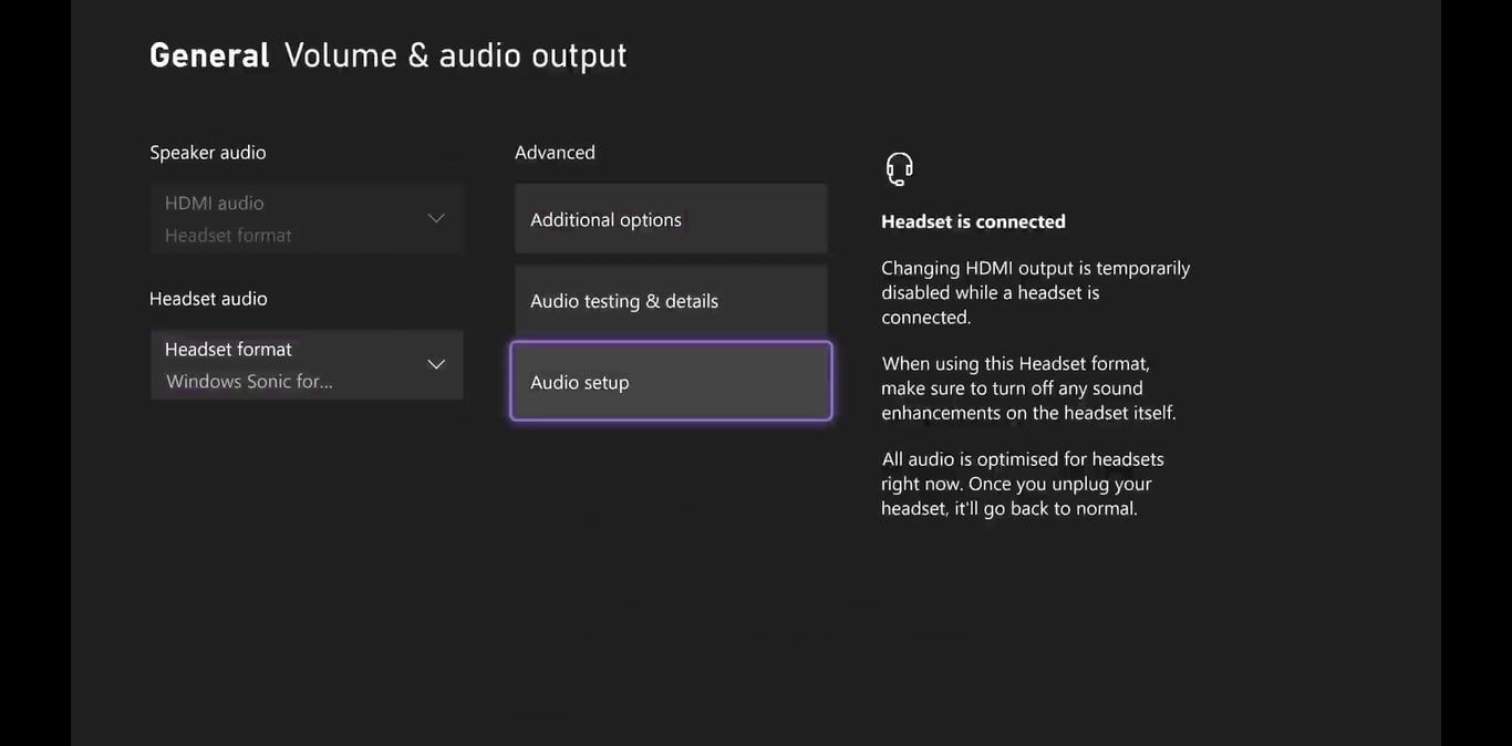 A screenshot of the Xbox Series X volume and output settings with Audio Setup highlighted