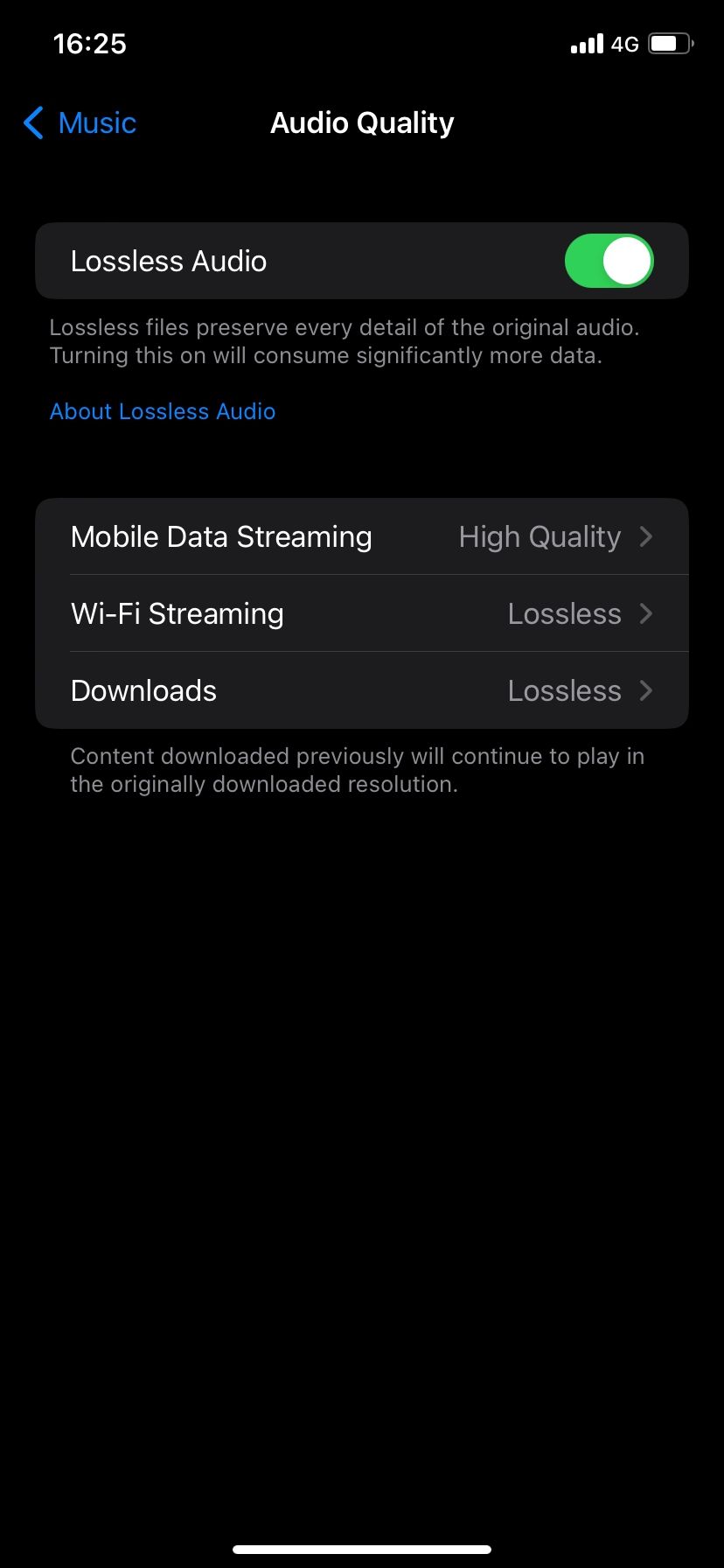 Audio quality settings page on Apple Music
