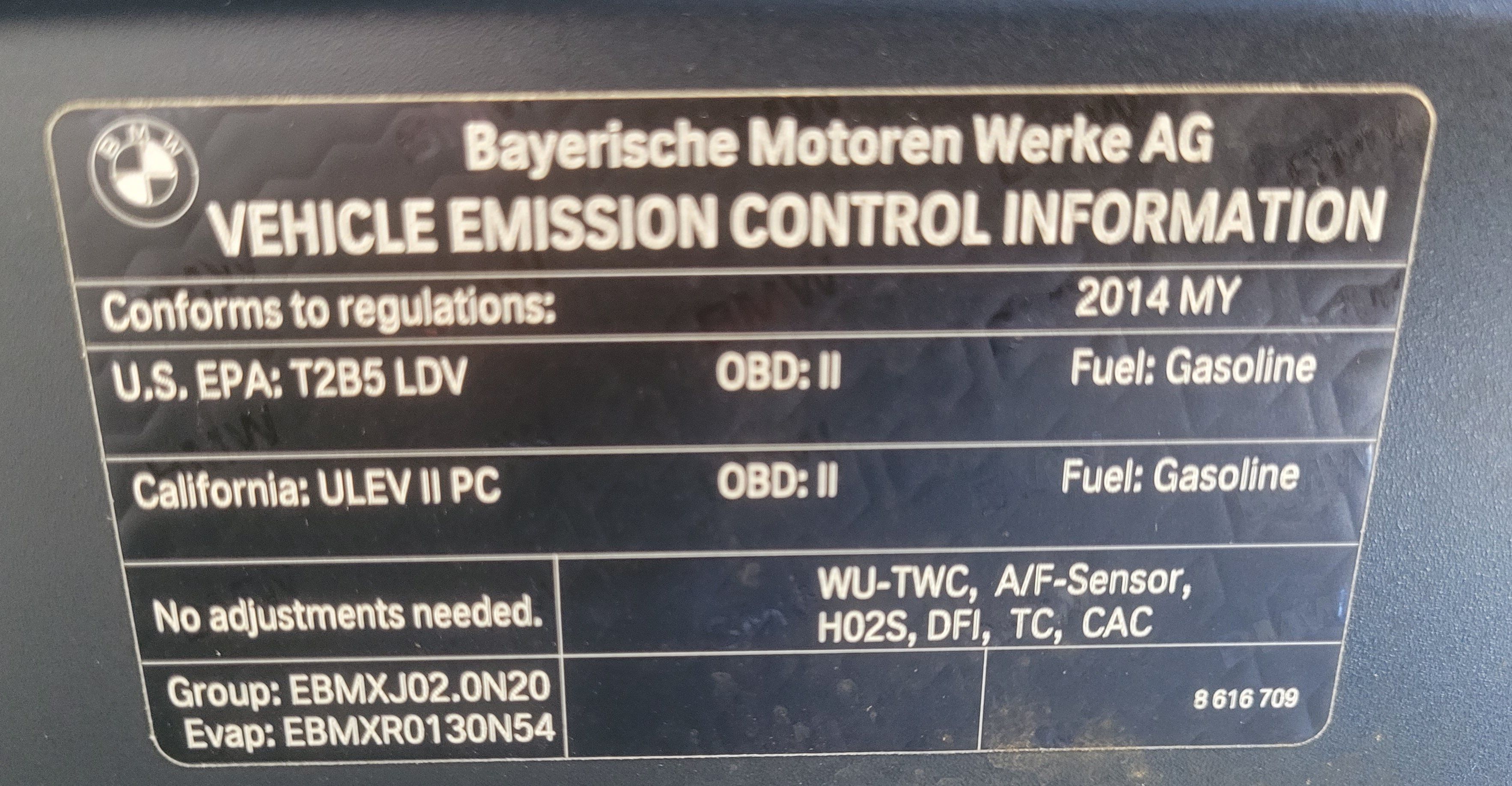 A BMW Vehicle Emission Label: Vehicle Emission Control Information