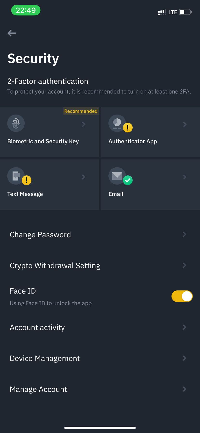 Binance security mobile menu