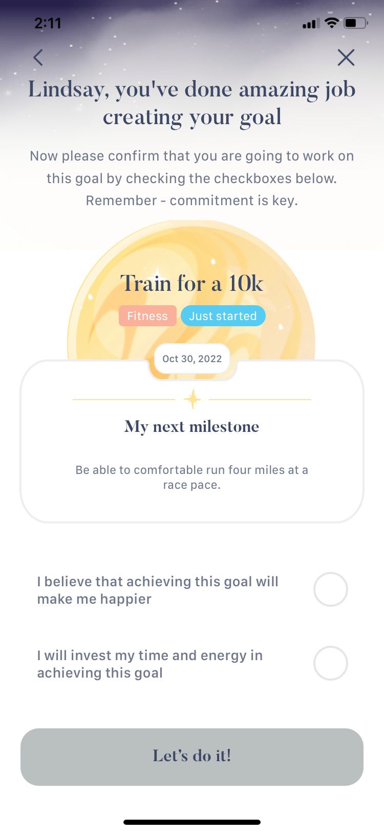 Breverie app goal completion screen