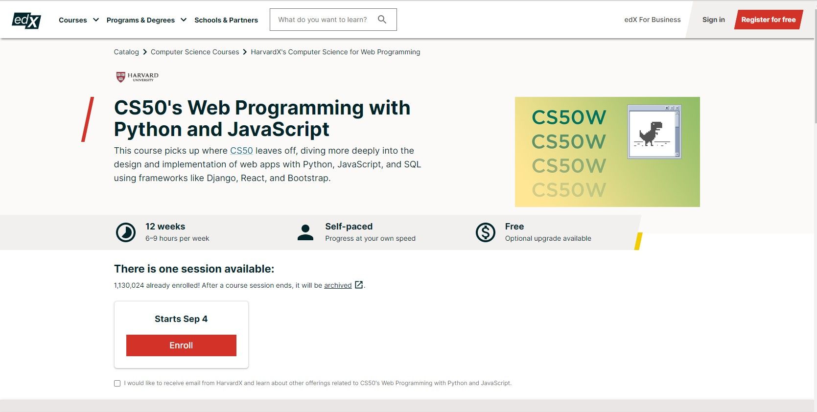 edX website page showcasing the Web Programming with Python and JavaScript course details