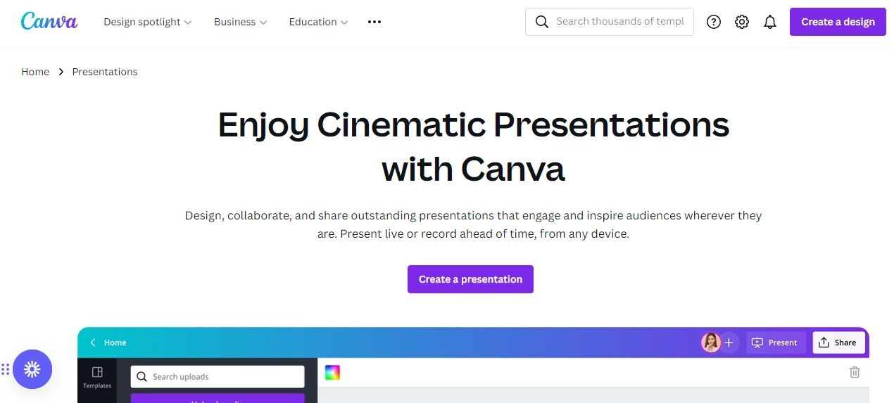 Canva Presentations Homepage