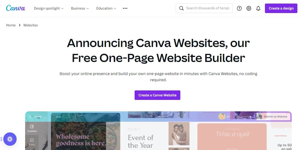 Canva Websites Homepage