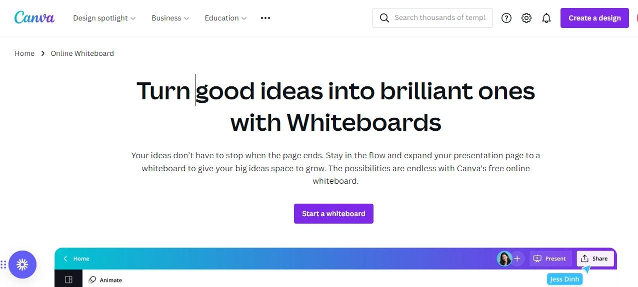 Canva Whiteboards Homepage