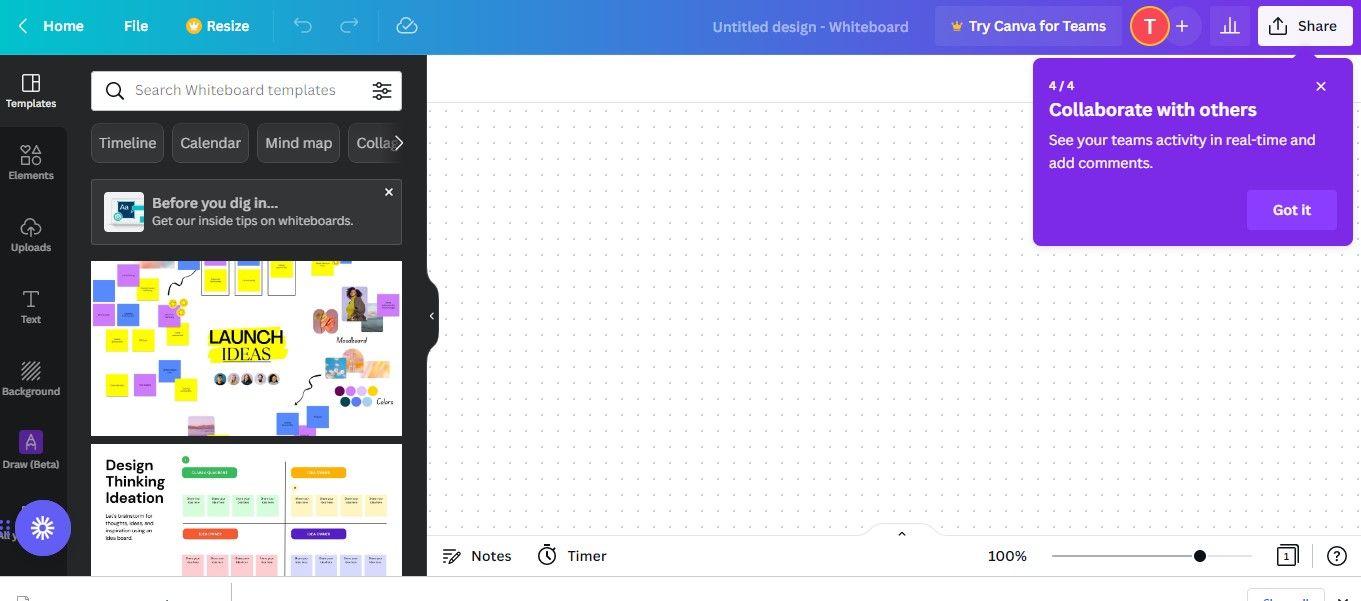 Canva Whiteboards with Purple Speech Balloon Showing Tip to Collaborate with Others