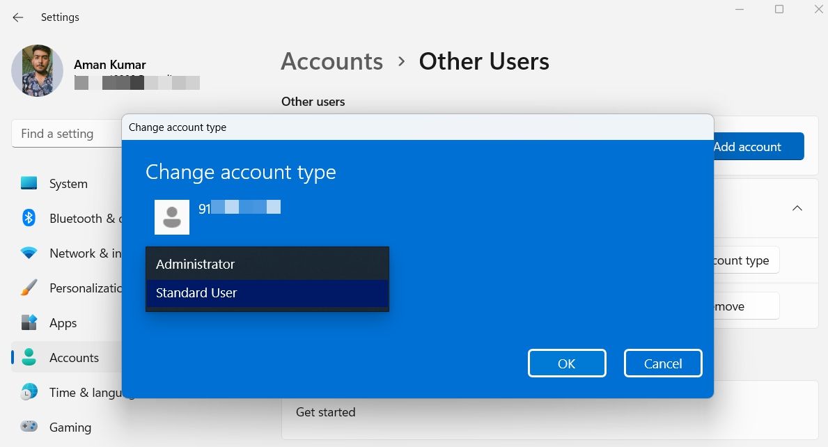 Change Account Type via the Setting menu