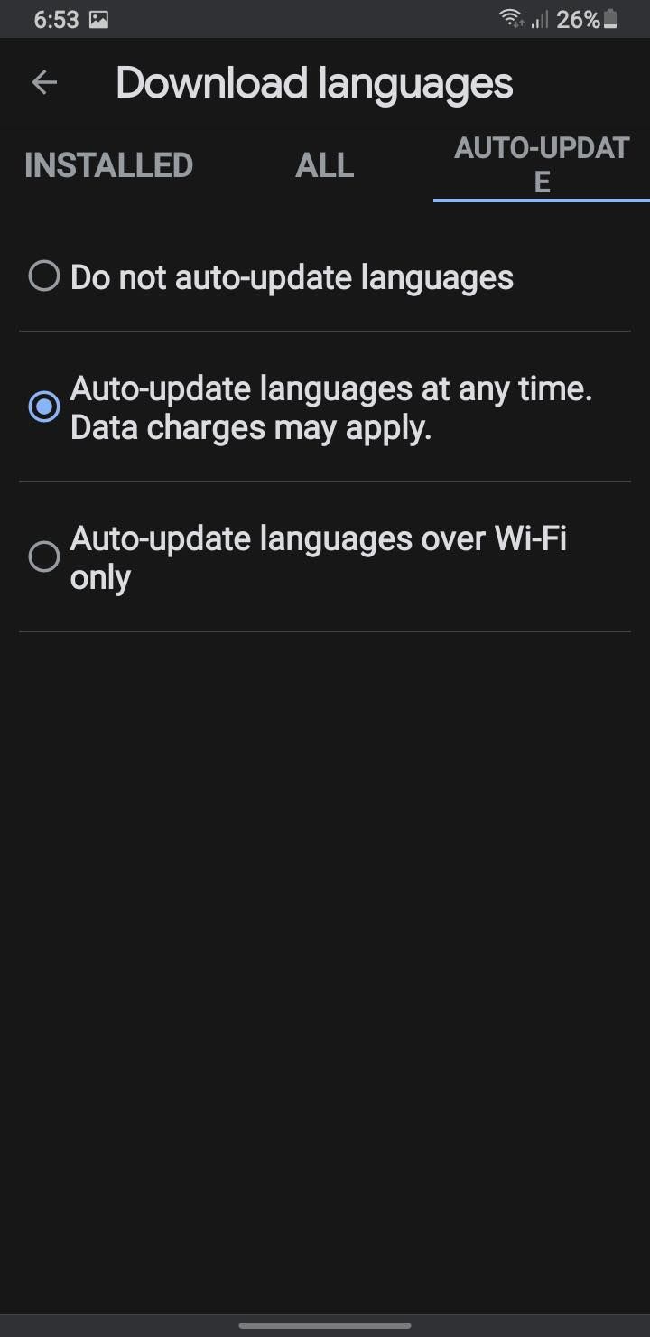 Checking Circle for Auto-update Languages at any Time Option under Auto-update Tab in Settings for Google Apps