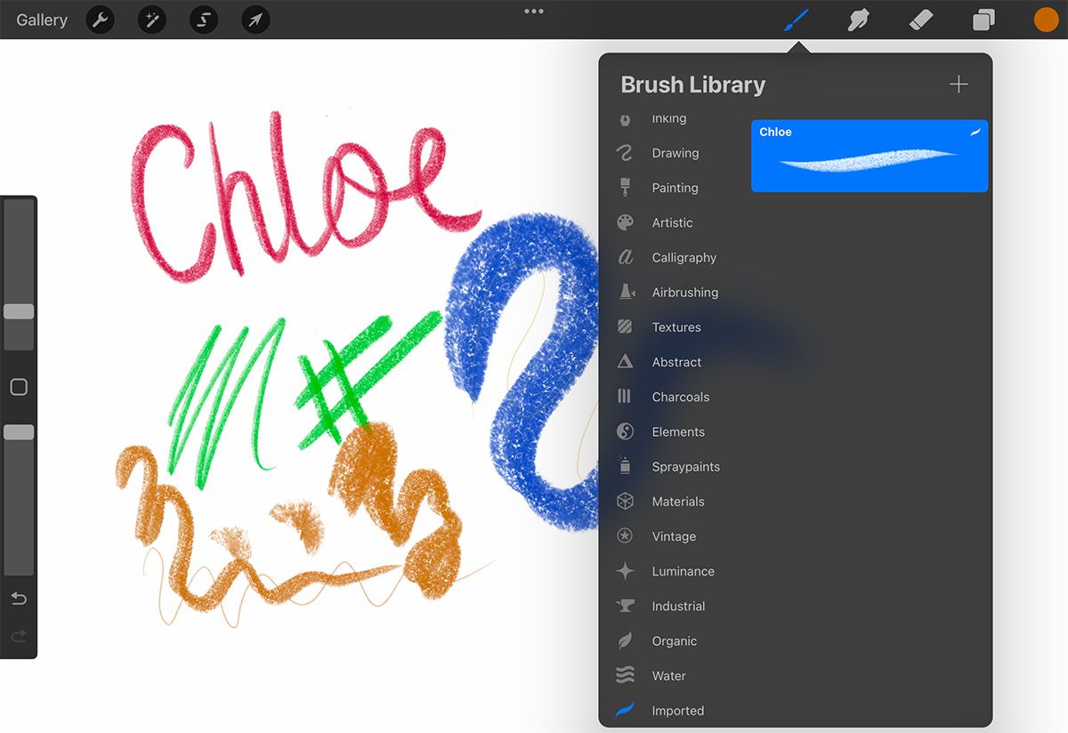 Procreate with Brush Library open and collared lines on canvas.