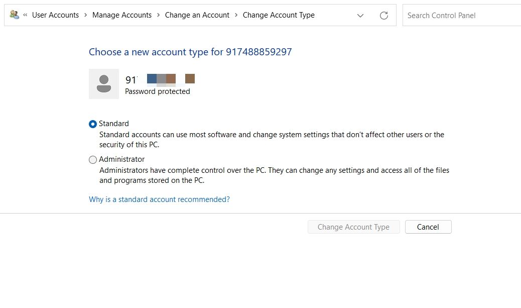 Choose Account Type option in Control Panel