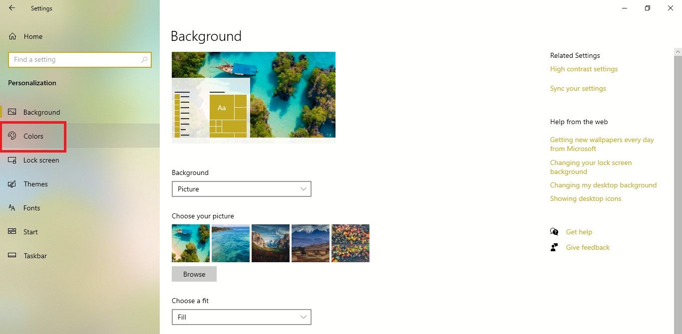 Choose Colors Option on Personalization Screen on Windows 10