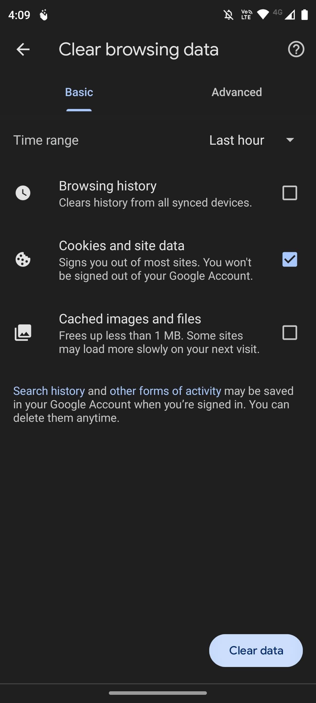 Chrome settings to clear browsing data